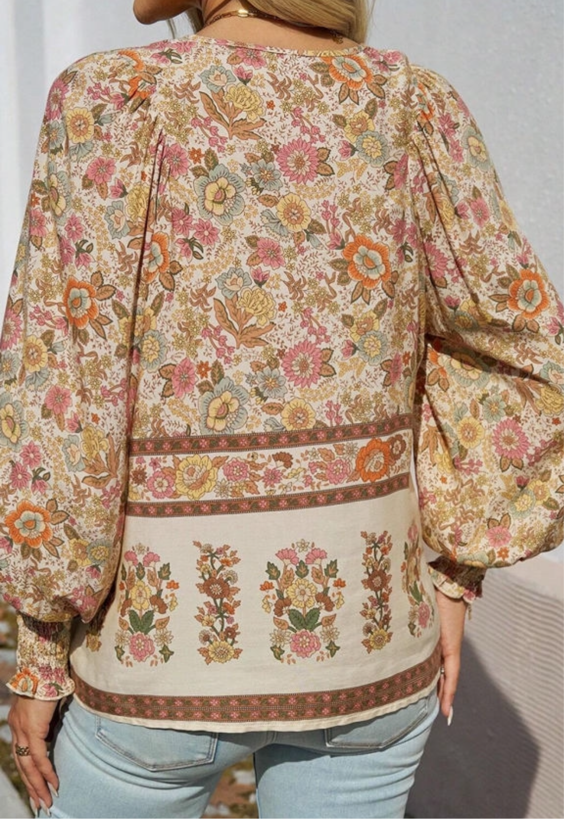 Yellow Floral Lantern Sleeve Blouse