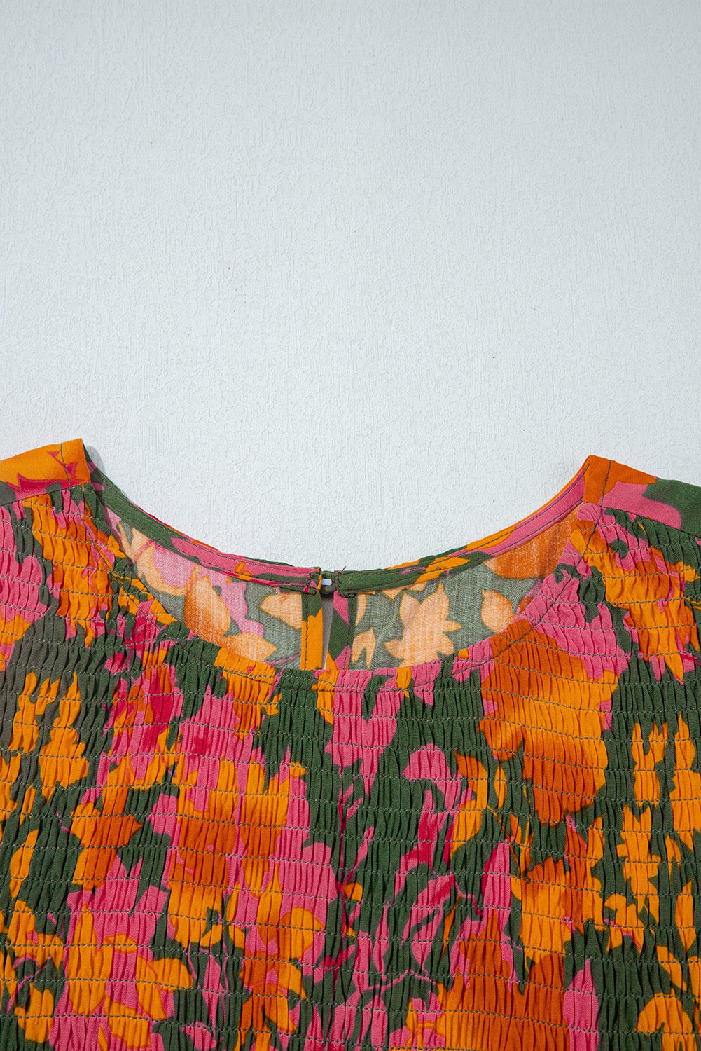 Orange Floral Puff Sleeve Smocked Bodice Ruffled Dress