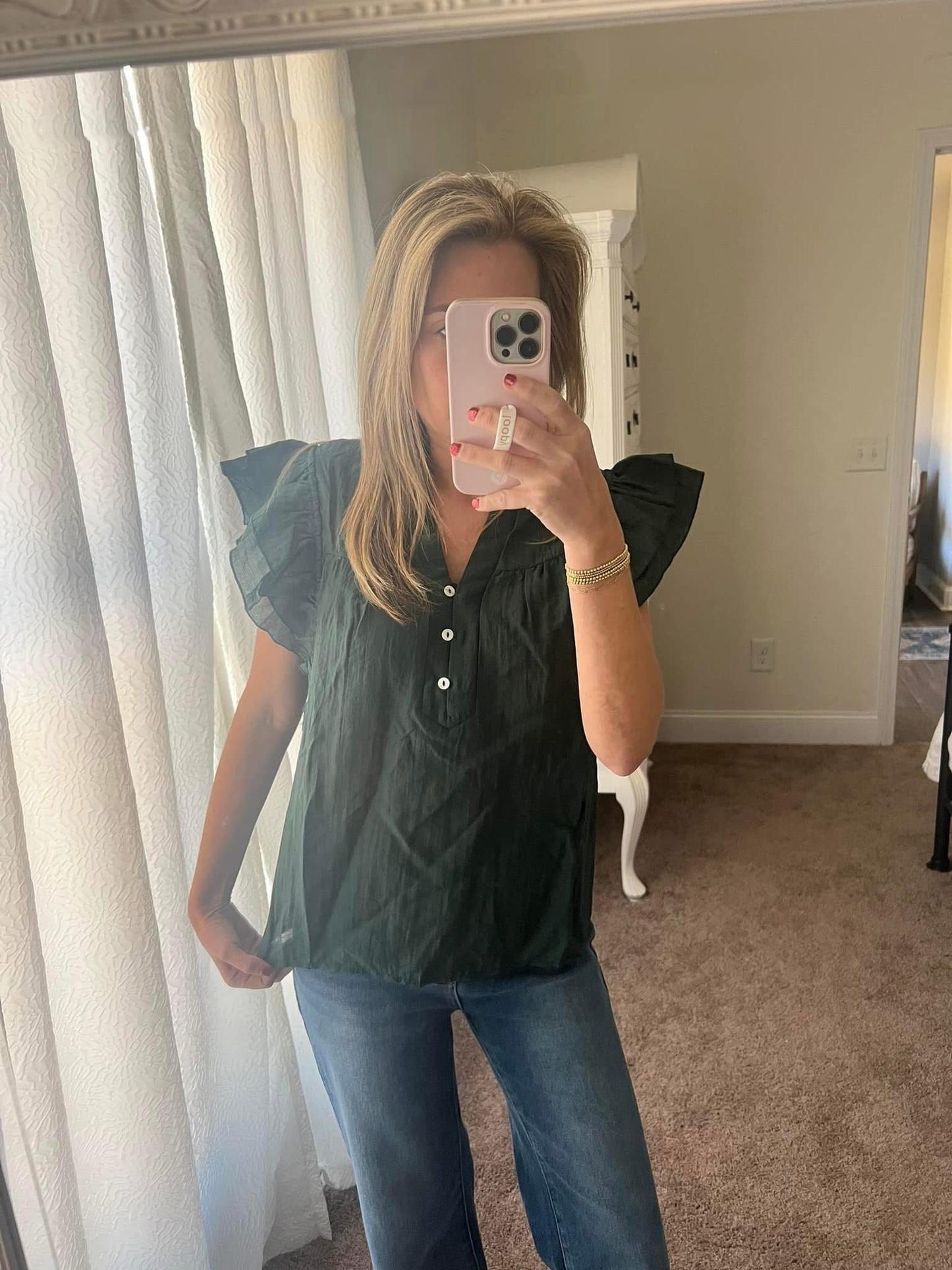 Green V Neck Ruffle Sleeve Blouse