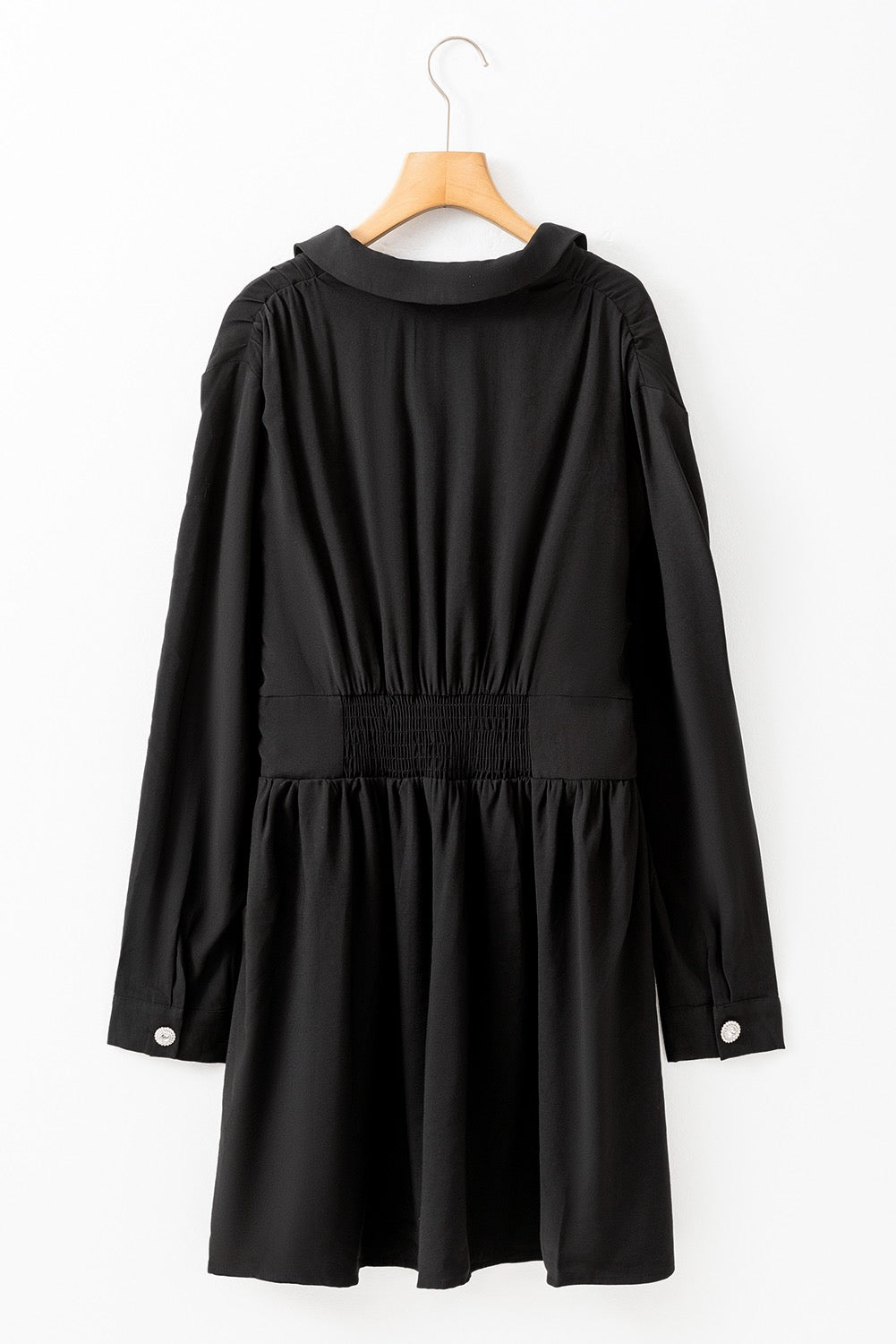 Black Cinched Waist Long Sleeve Shirt Dress