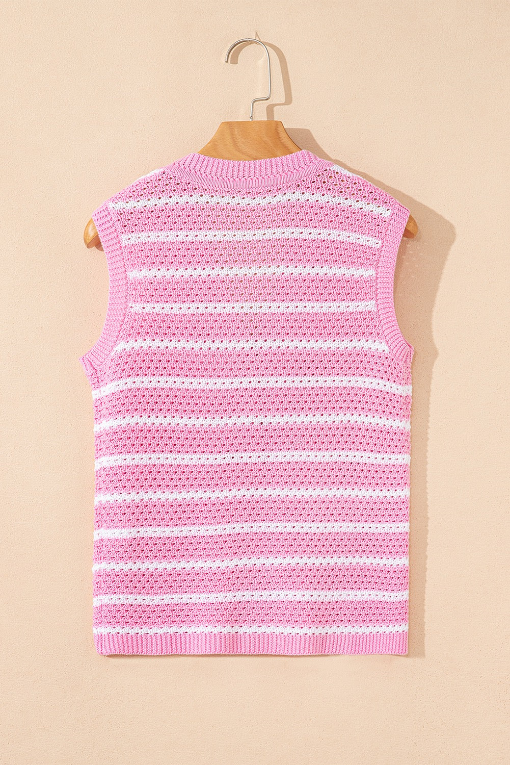 Pink Stripe V Neck Gold Buttons Elegant Sweater Vest
