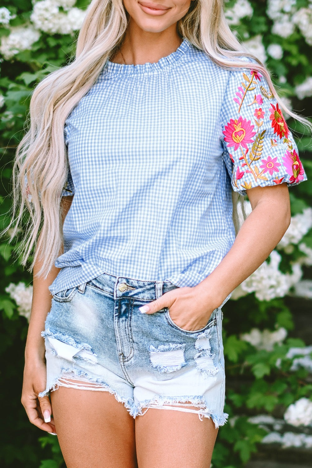 Floral Embroidered Blue Gingham Blouse