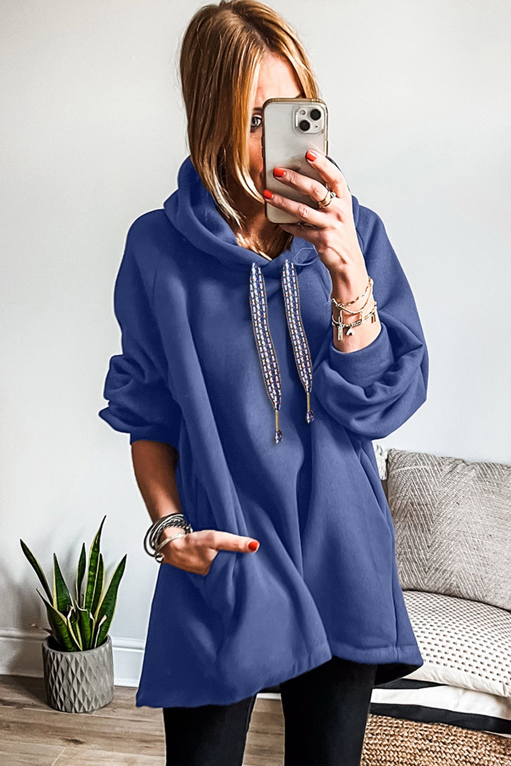 Dirty Blue Fleece Lined Adjustable Drawstring Oversize Tunic Hoodie