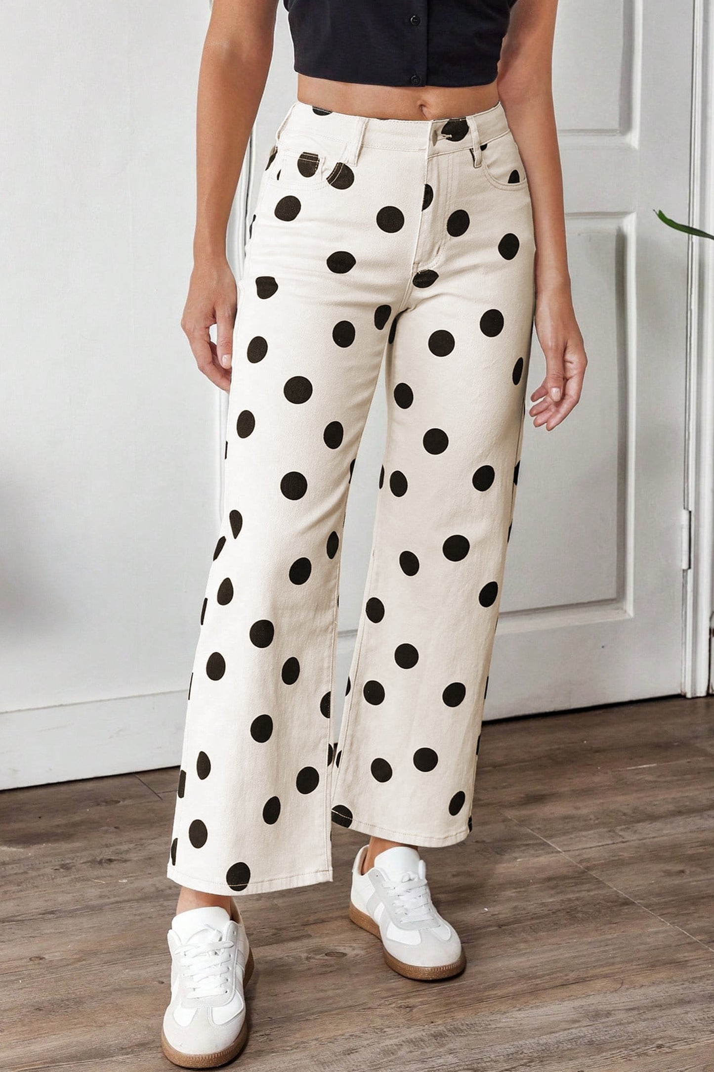 White Polka Dot Print Wide Leg Ankle Length Jeans
