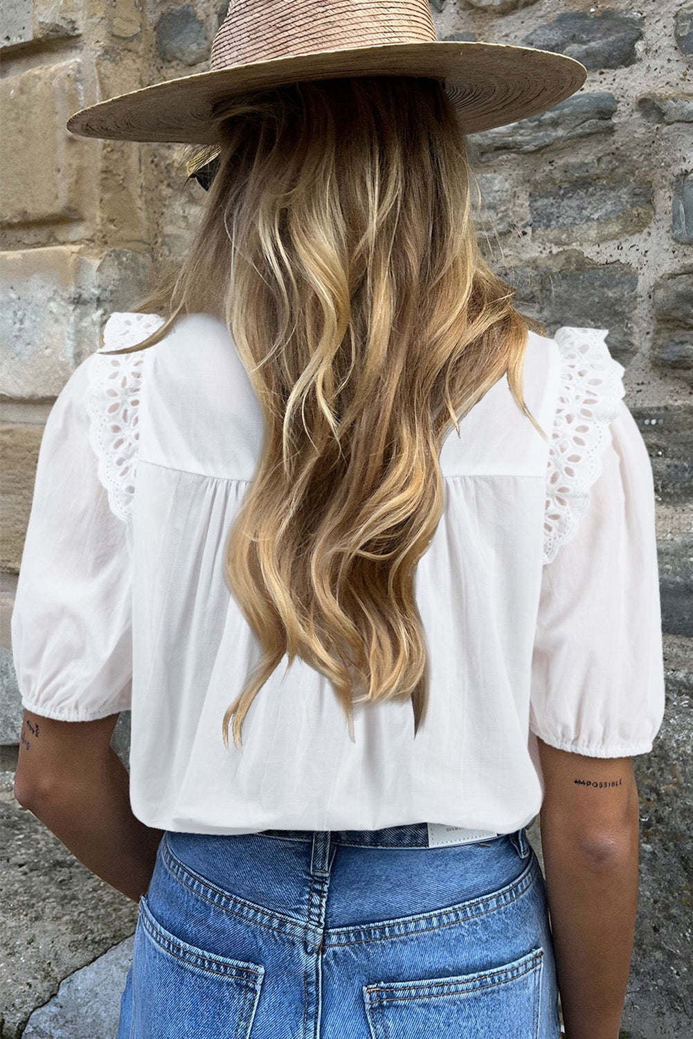 White Embroidered Lace Patchwork Tie Neck Puff Sleeve Shirt