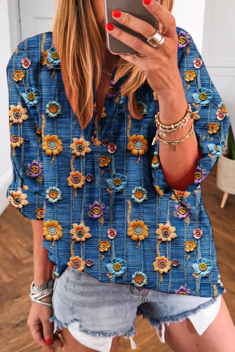 Blue Floral Collared V Neck Roll up Sleeve Blouse