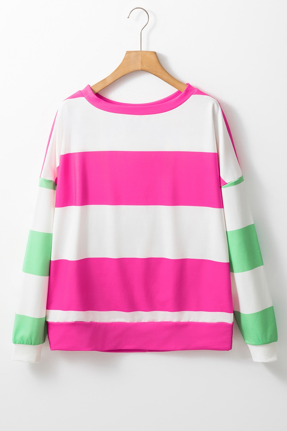 Hot Pink Colorblock Striped Drop Shoulder Long Sleeve Top