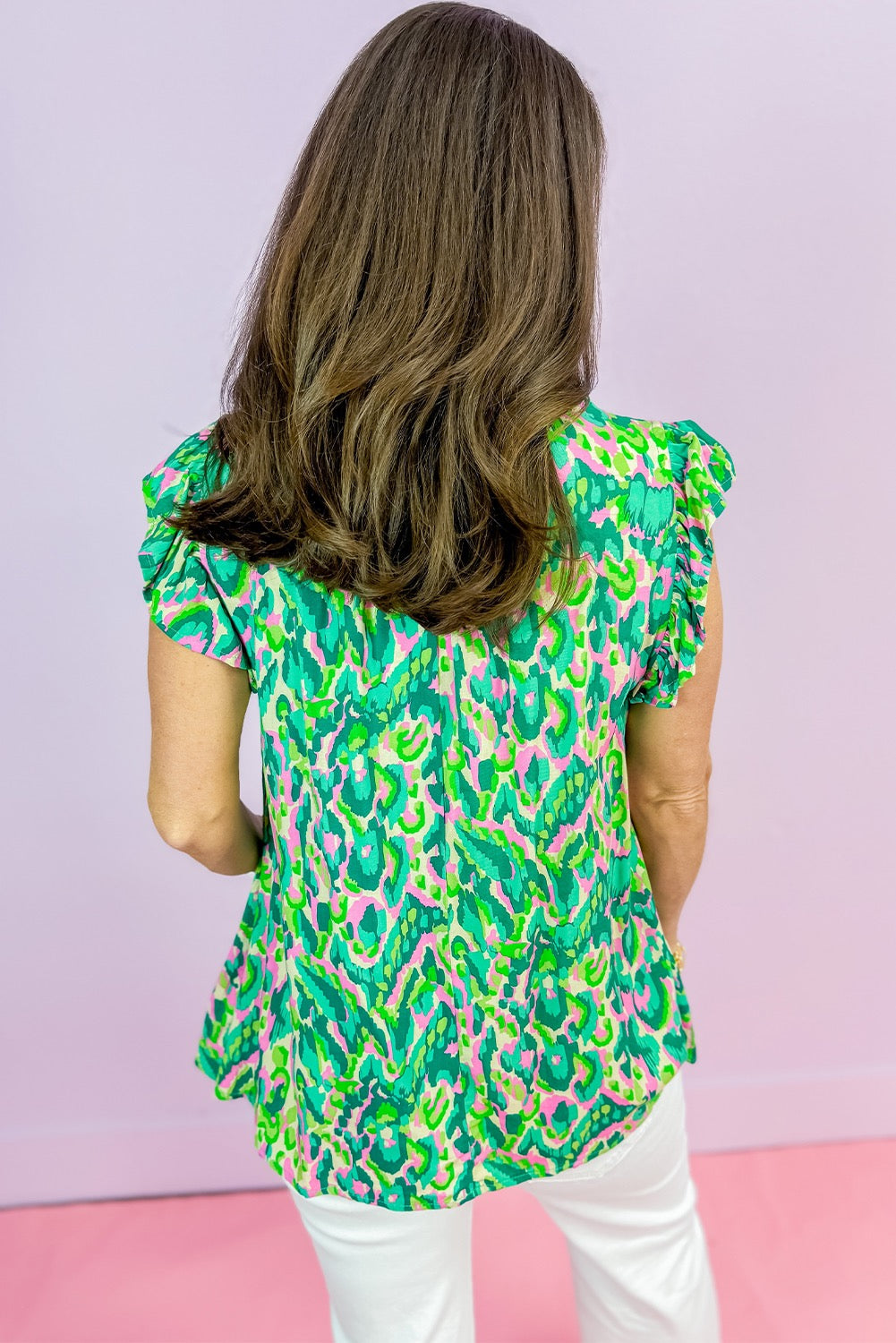 Green Abstract Print Ruffled Trim Tied Split Neck Blouse