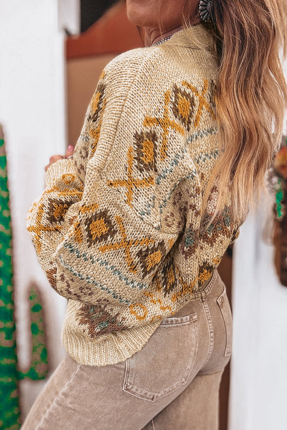 Khaki Pattern Knitted Button V Neck Cardigan Sweater