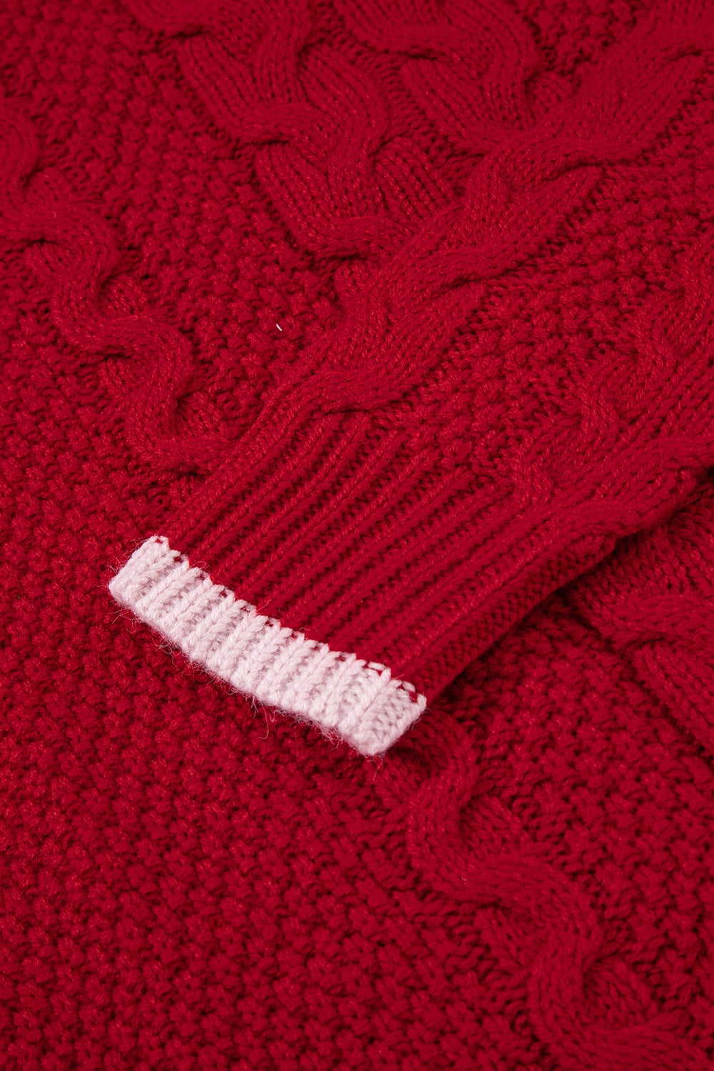 Red Color Contrast Edge Cable Knit Buttoned Cardigan