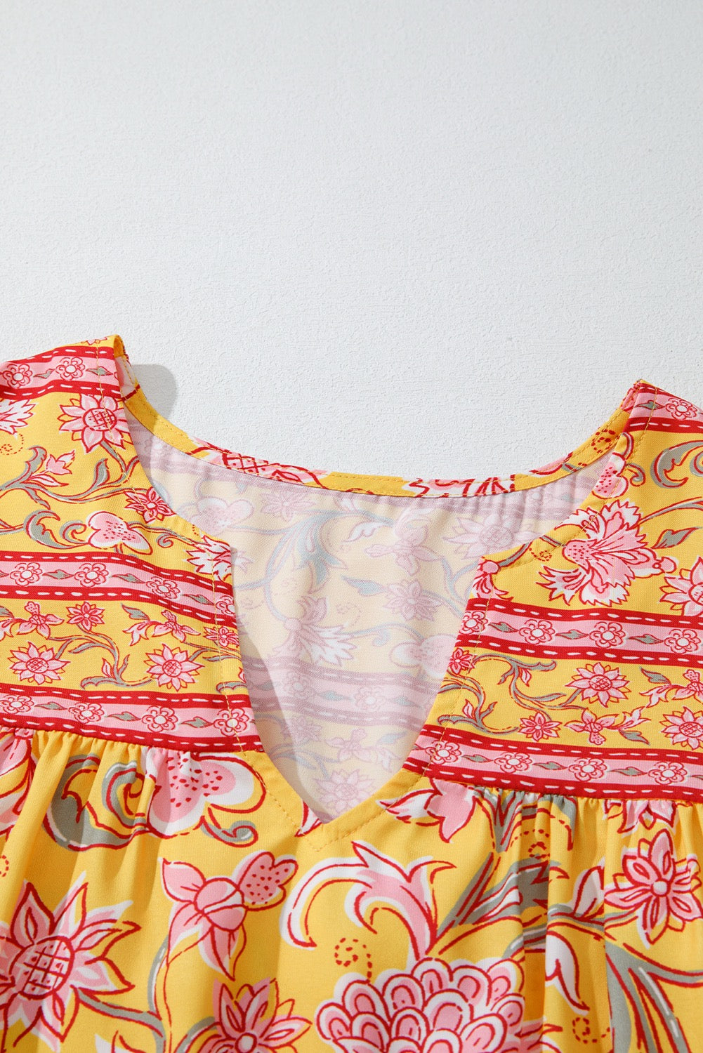 Yellow Floral Notched Neck Ruffled Sleeve Blouse