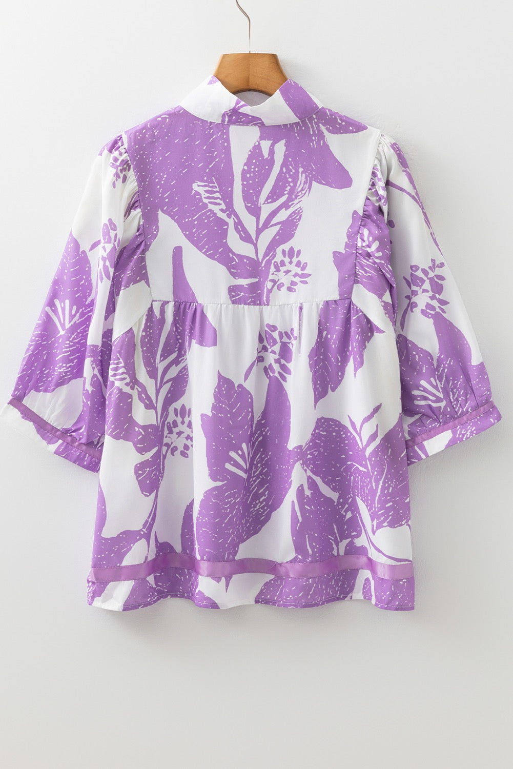Split Neck Blouse Purple Leafy Print 3/4 Sleeve Striped Trim