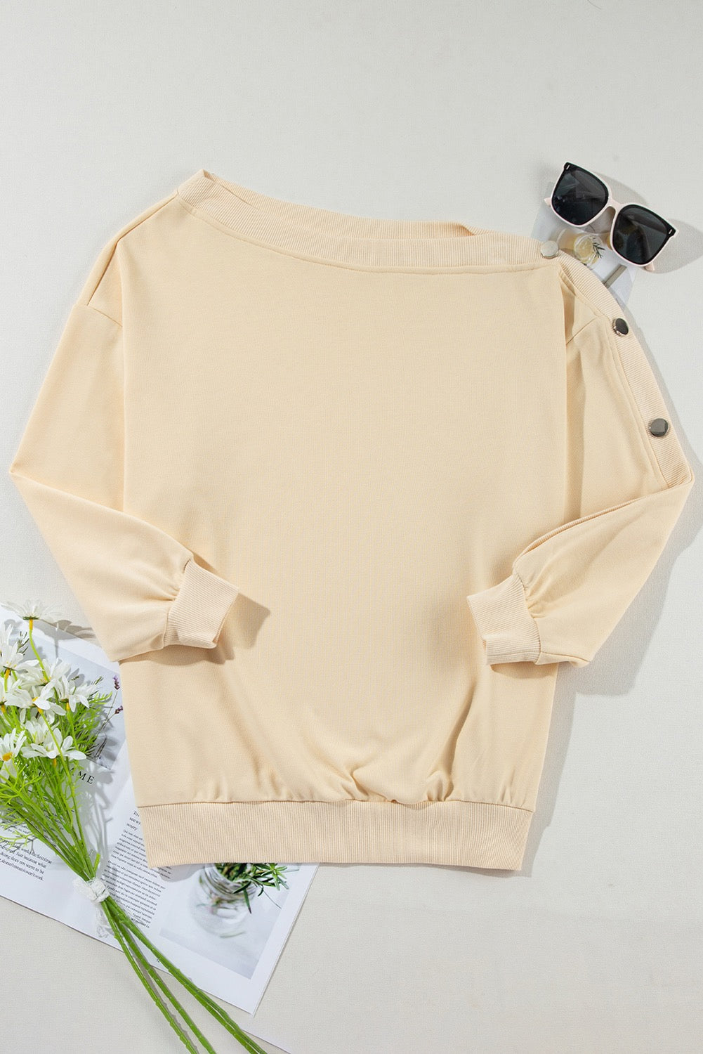 Beige Button Sleeve Sweatshirt