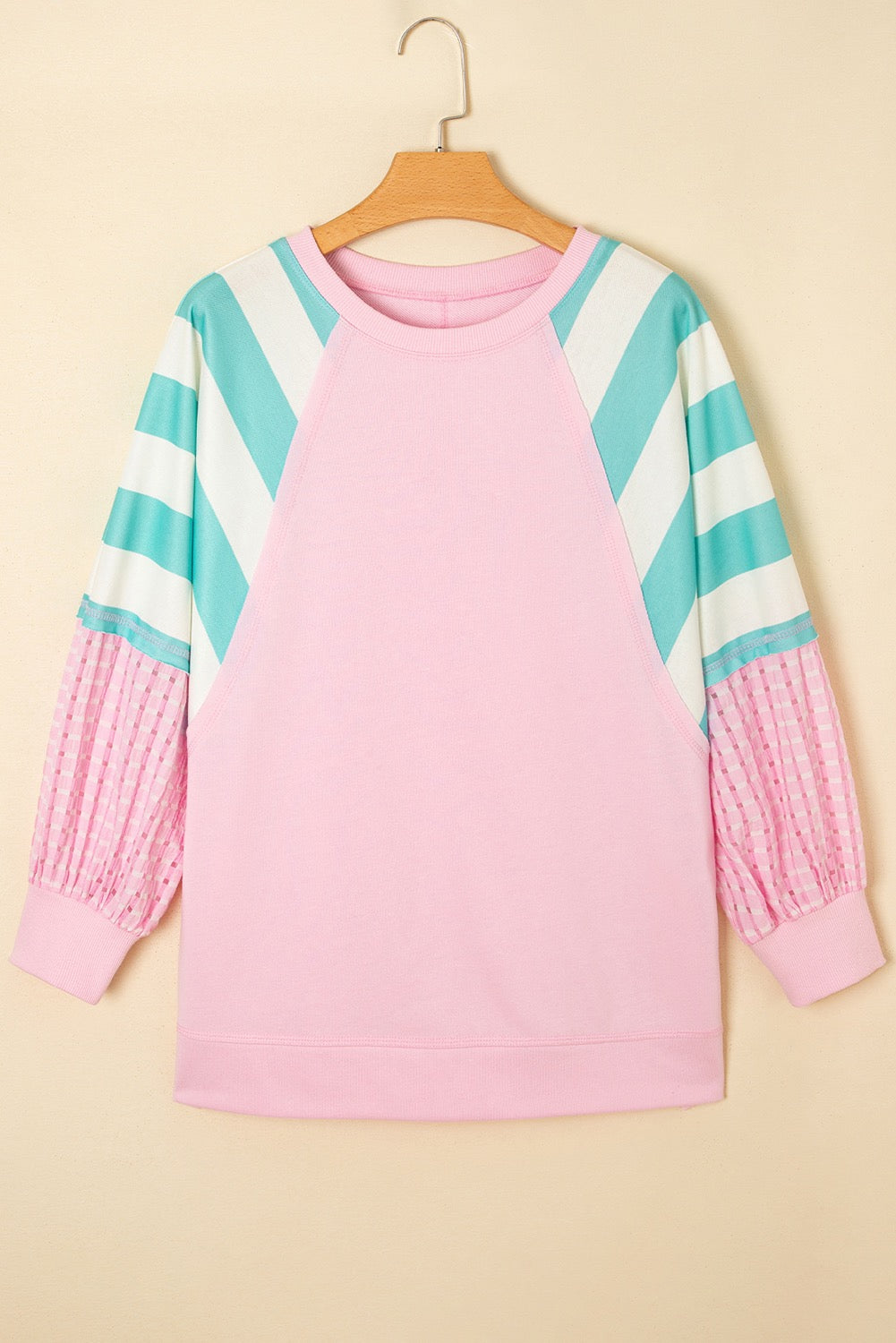 Pink Striped Patchwork Raglan Pullover Top with Slits