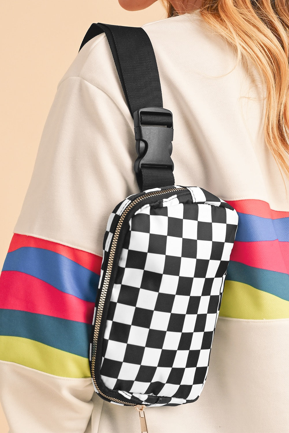 White Checkered Belt Crossbody Bag
