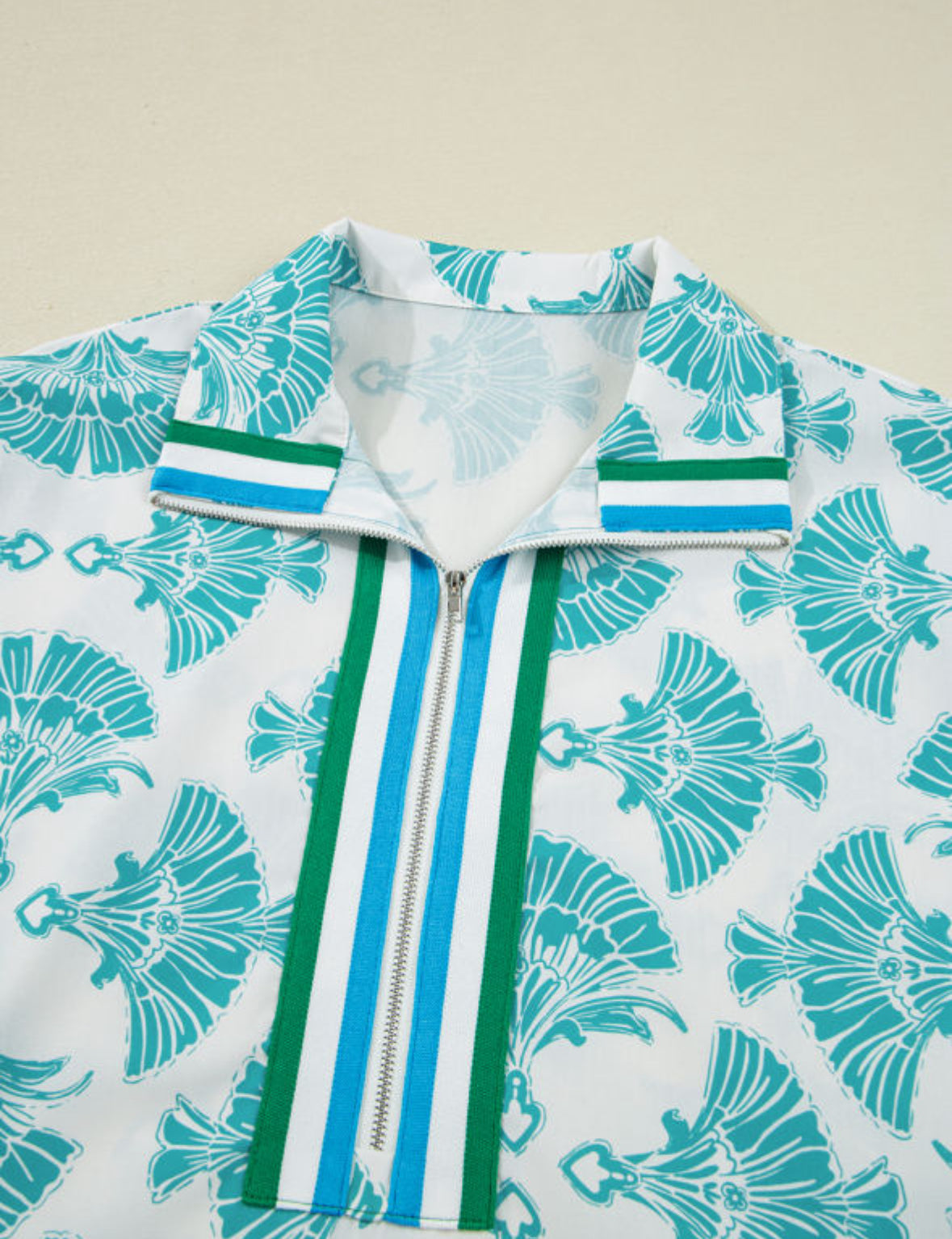 Sky Blue Abstract Print Bubble Sleeve Pop of Color Neck Blouse