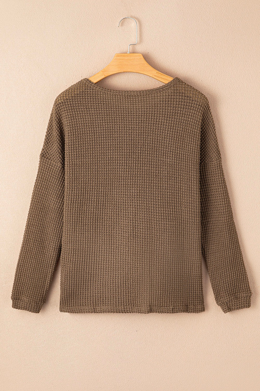 Brown Waffle Knit Drop Shoulder Long Sleeve Top