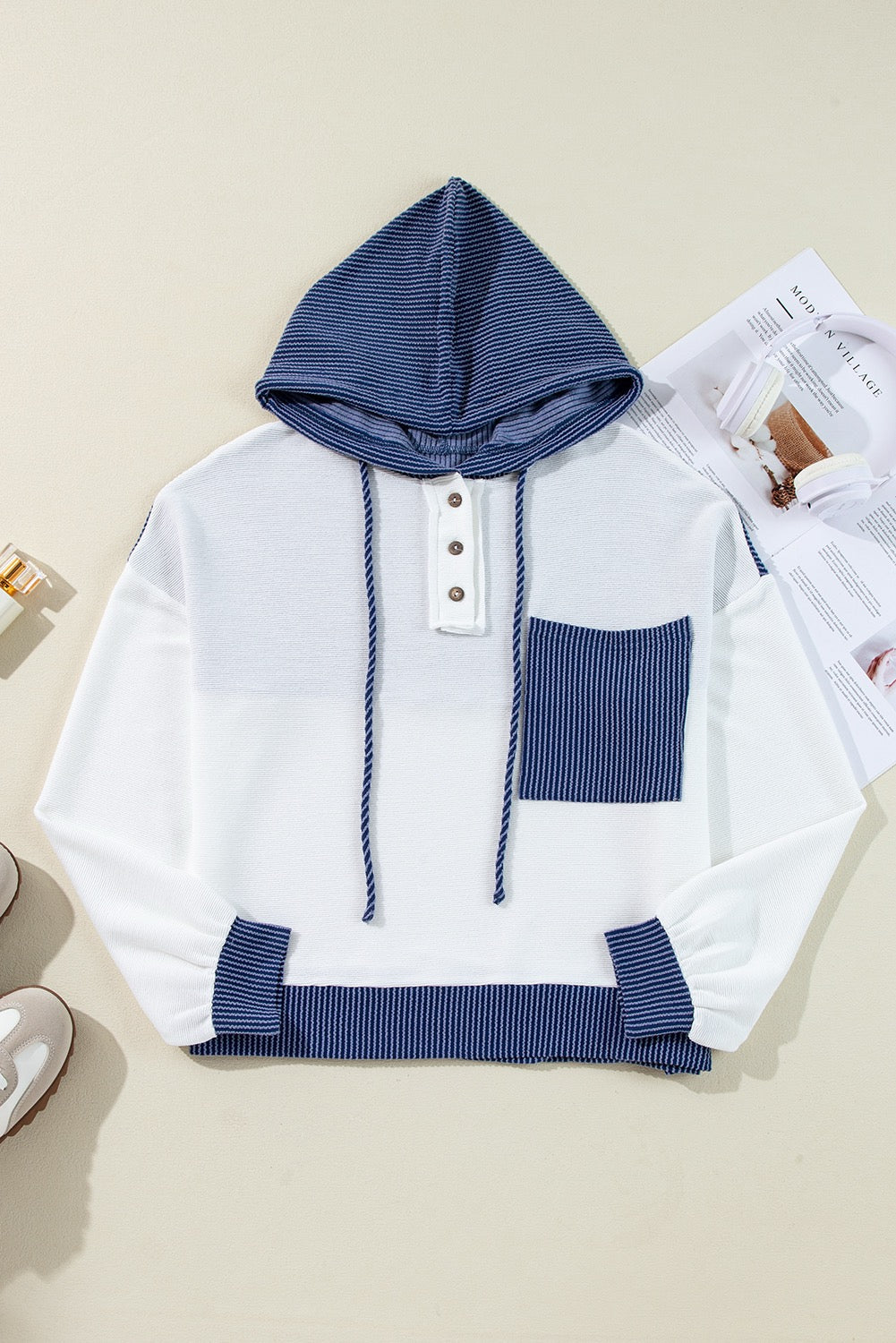 White Corded Drawstring Hoodie