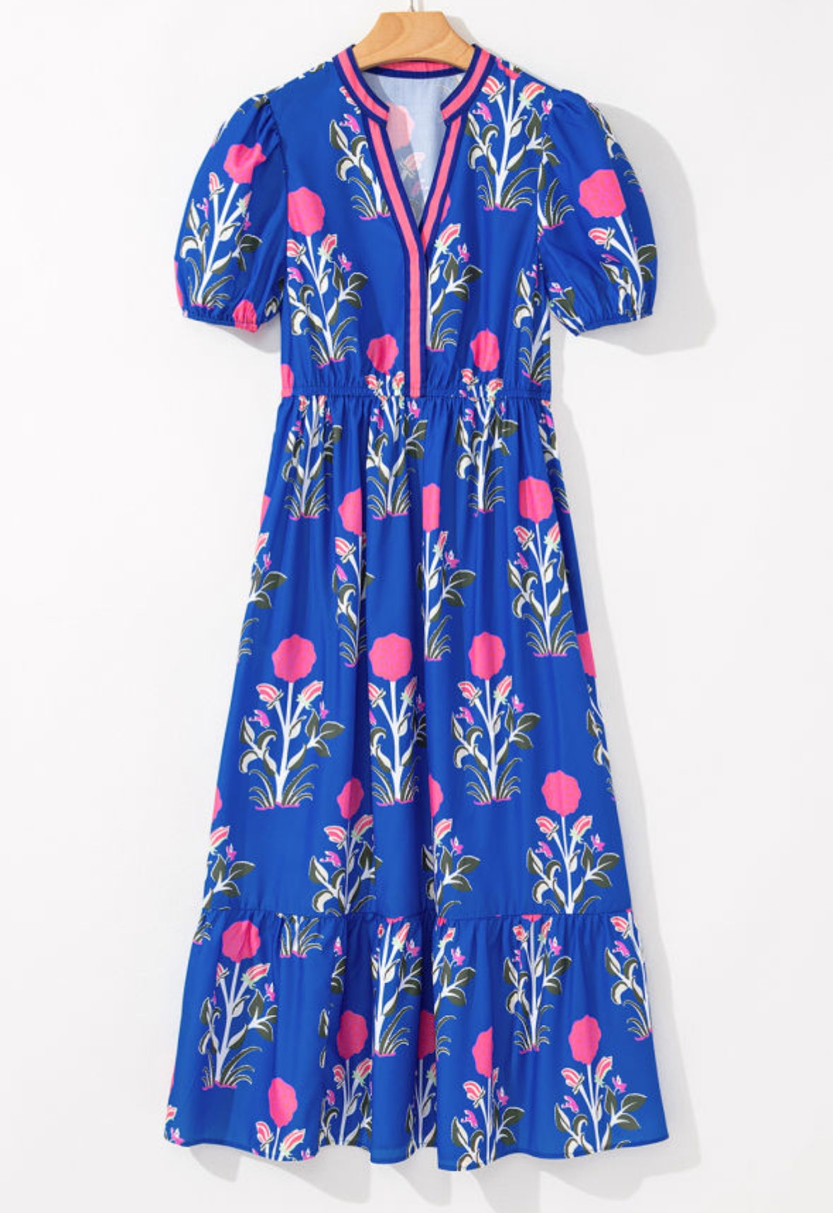 Sky Blue Floral Ruffle Hem Pop of Color Neckline Dress
