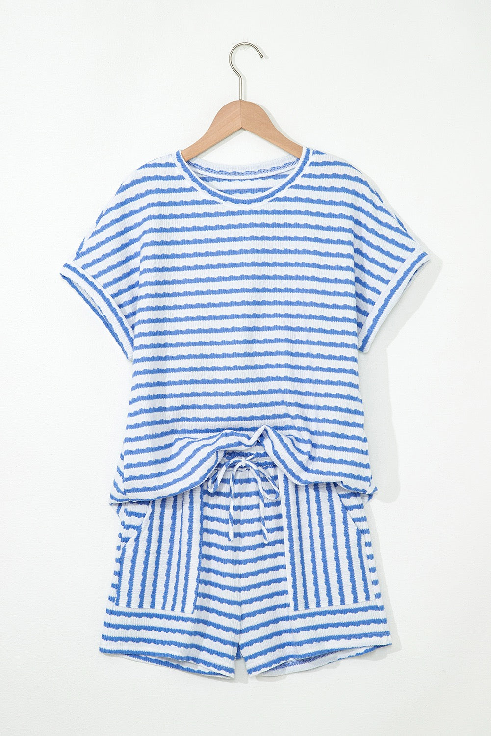 Blue Stripe Knitted Short Sleeve Top and Drawstring Shorts Set