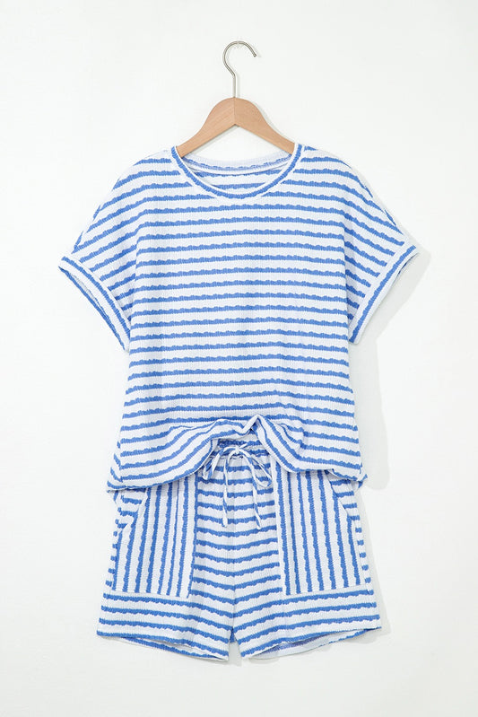 Blue Stripe Knitted Short Sleeve Top and Drawstring Shorts Set