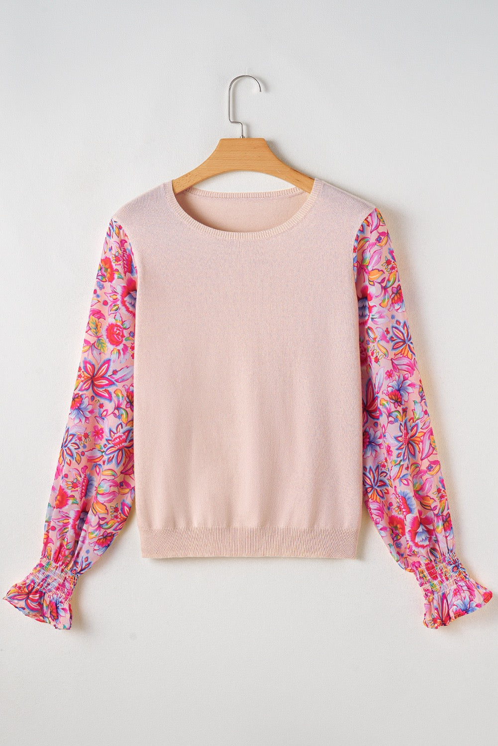Apricot Knit Top with Floral Sleeves