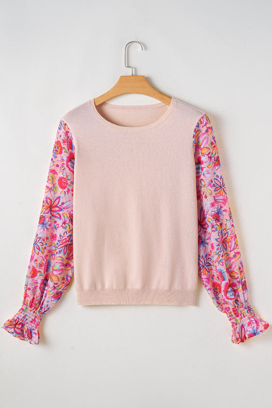 Apricot Knit Top with Floral Sleeves