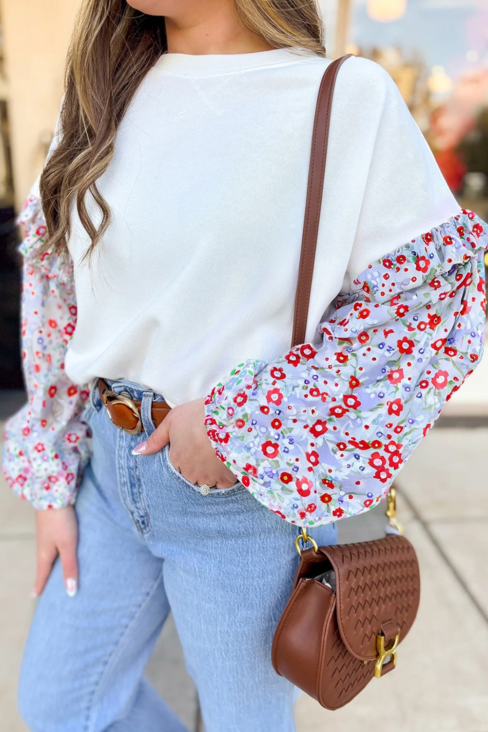 White Floral Ruffled Balloon Sleeve Patchwork Loose Fit Blouse