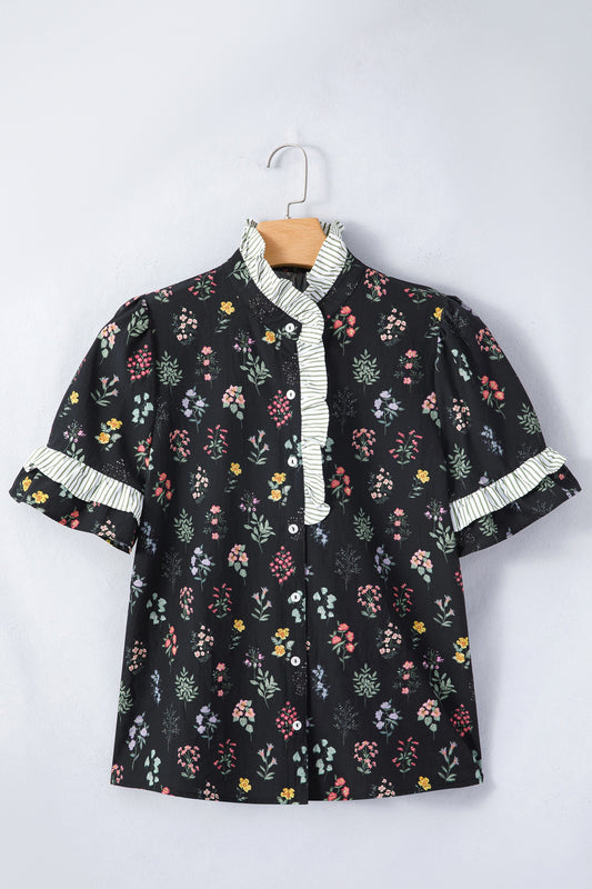 Black Floral Stripe Frill Trim Top