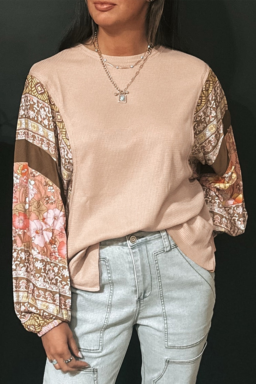 Contrast Floral Patchwork Puff Sleeve Waffle Knit Top