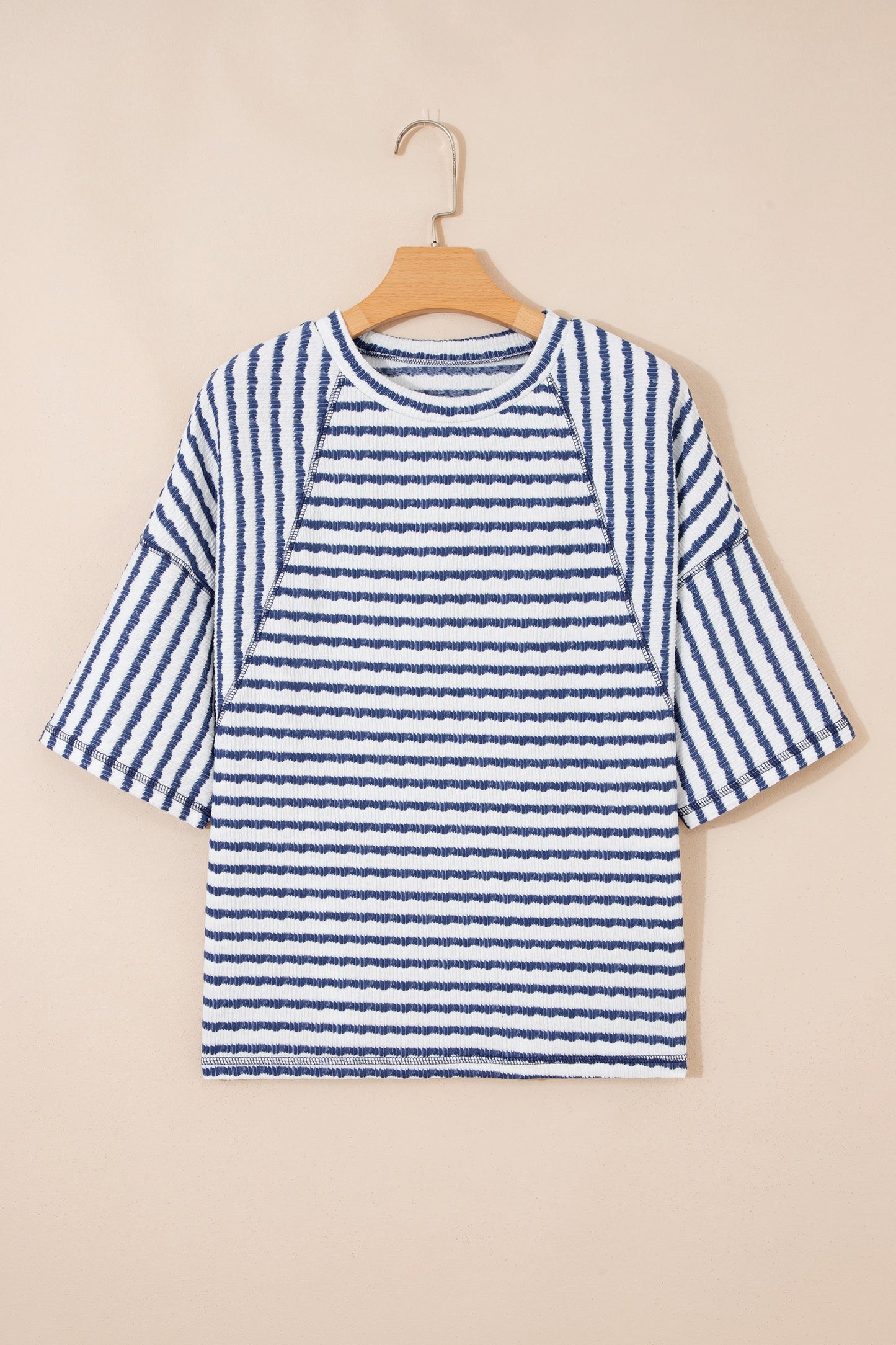 Navy Stripe Scallop Lace Trim Ruffle Short Sleeves Crewneck Top