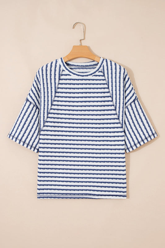 Navy Stripe Scallop Lace Trim Ruffle Short Sleeves Crewneck Top
