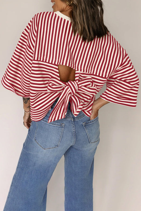 Red Stripe Bow Knot Back Top