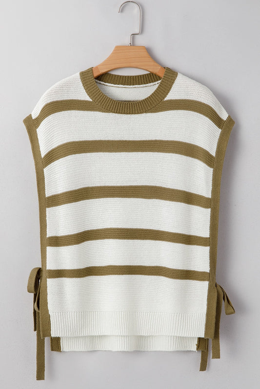 Khaki Stripe Tie Open Side Sweater Knotted Top