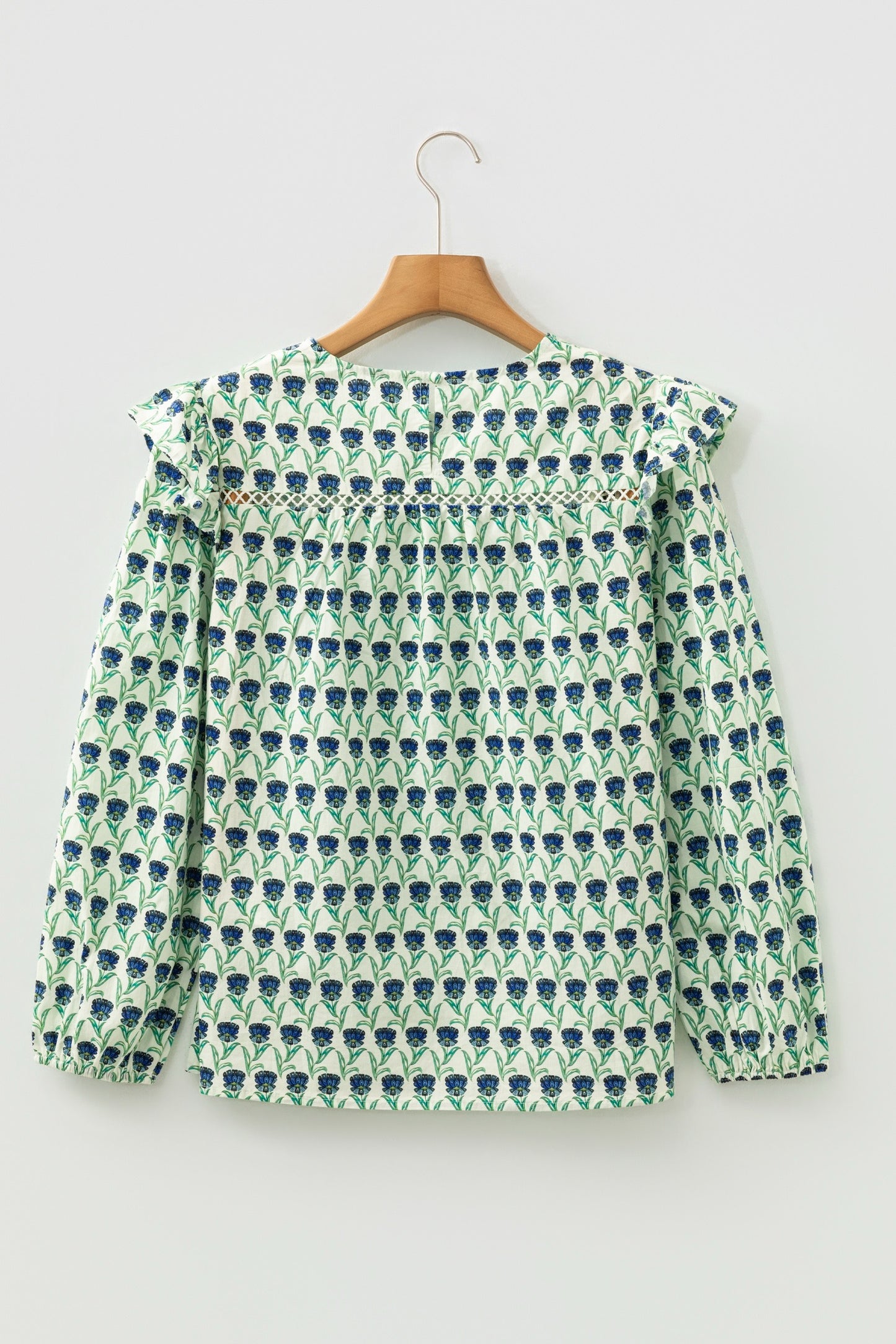 Block Print, Green Floral Print, Lace Detail, Ruffle Trim, Long Sleeve Blouse