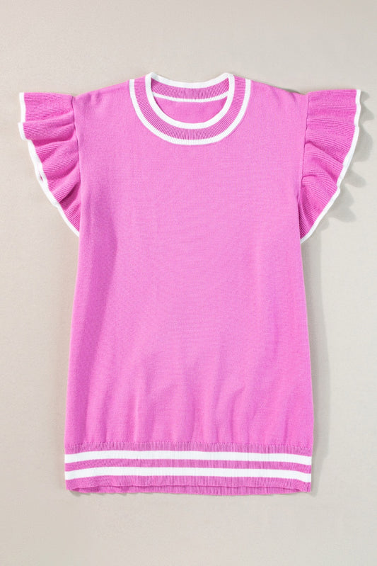 Pink Flutter Sleeve Knit Top with White Trim