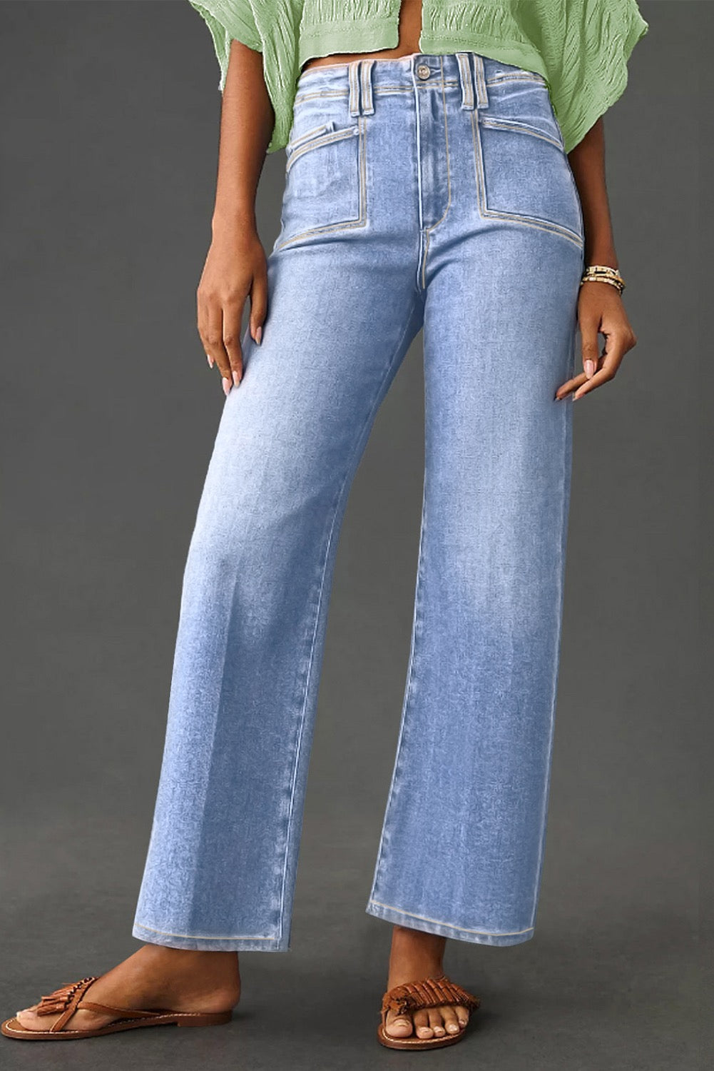 Light Wash, High Waist, Loose Fit, Straight Leg Cropped Jeans