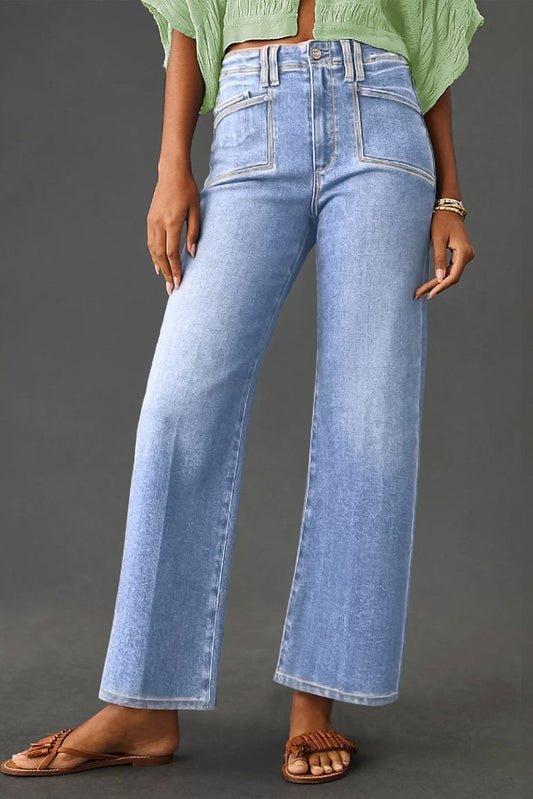 Light Wash, High Waist, Loose Fit, Straight Leg Cropped Jeans