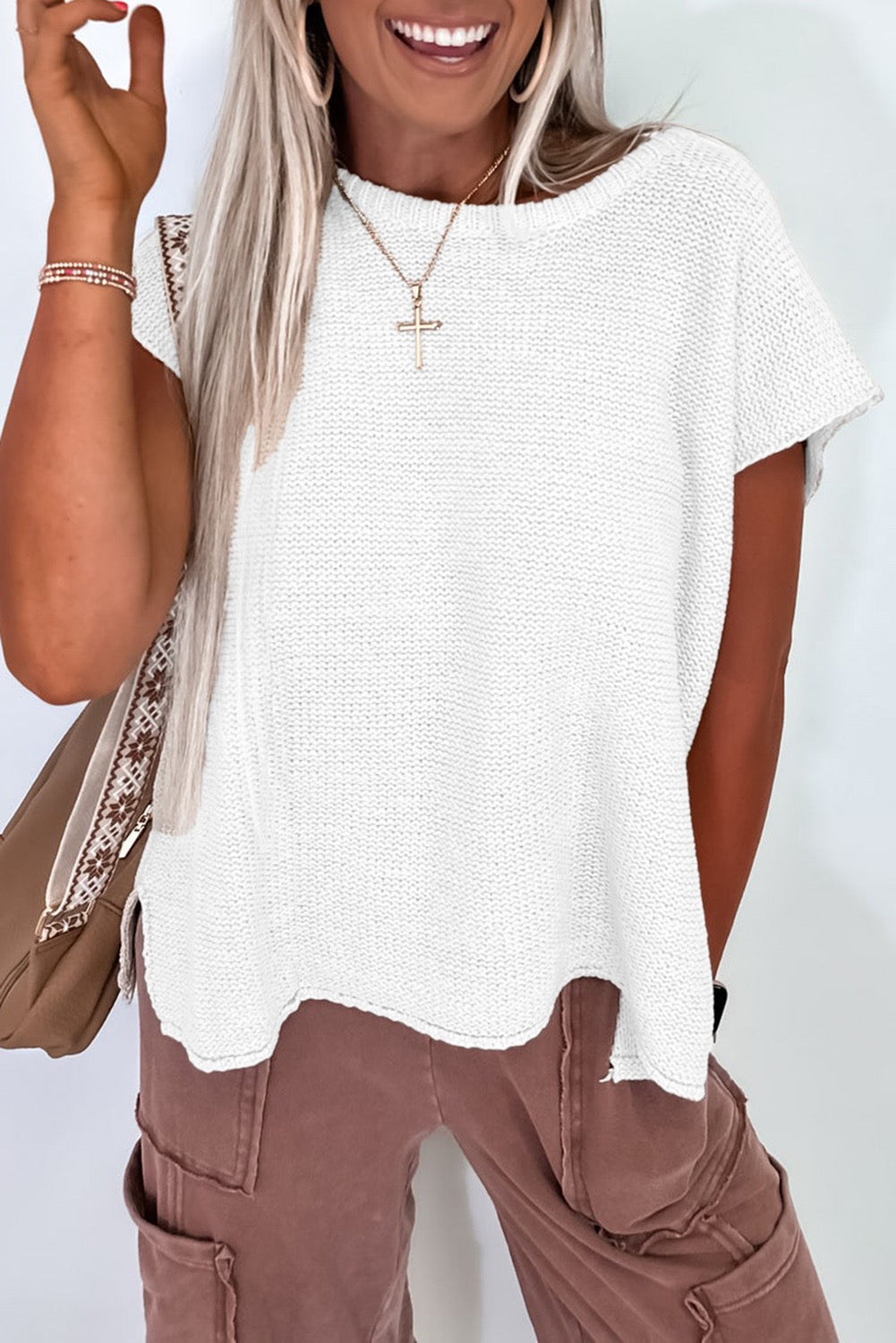 White Sweater Tee with Side Slits