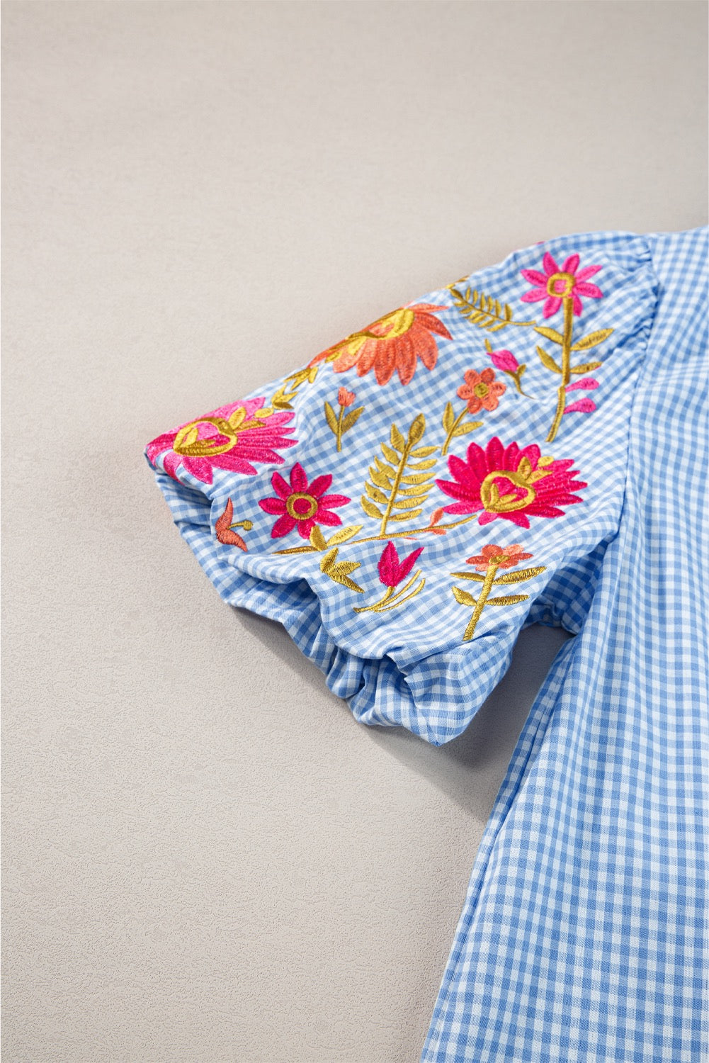 Floral Embroidered Blue Gingham Blouse