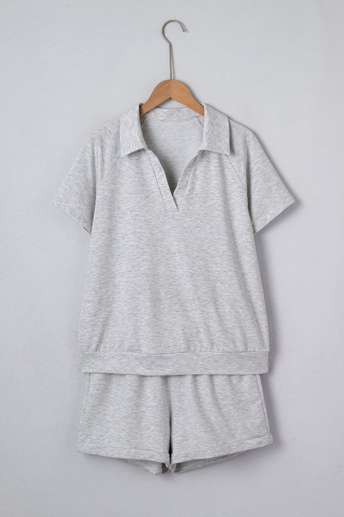 Light Grey Collared V Neck Tee Drawstring Elastic Waist Shorts 2pc Set