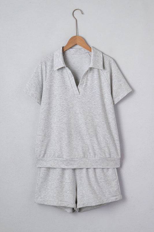 Light Grey Collared V Neck Tee Drawstring Elastic Waist Shorts 2pc Set