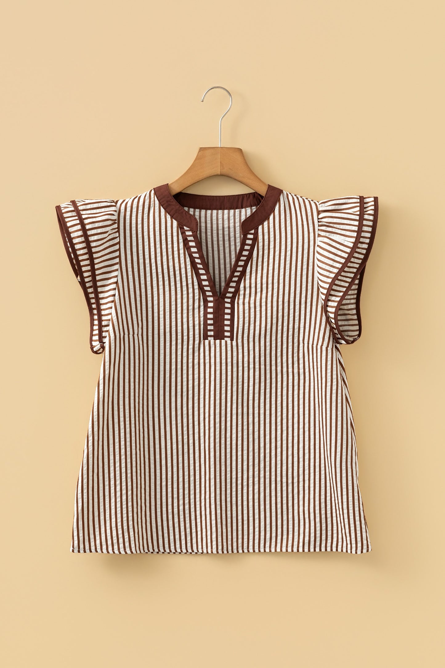 Khaki Stripe Double Ruffled Short Sleeve Top