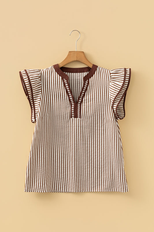 Khaki Stripe Double Ruffled Short Sleeve Top