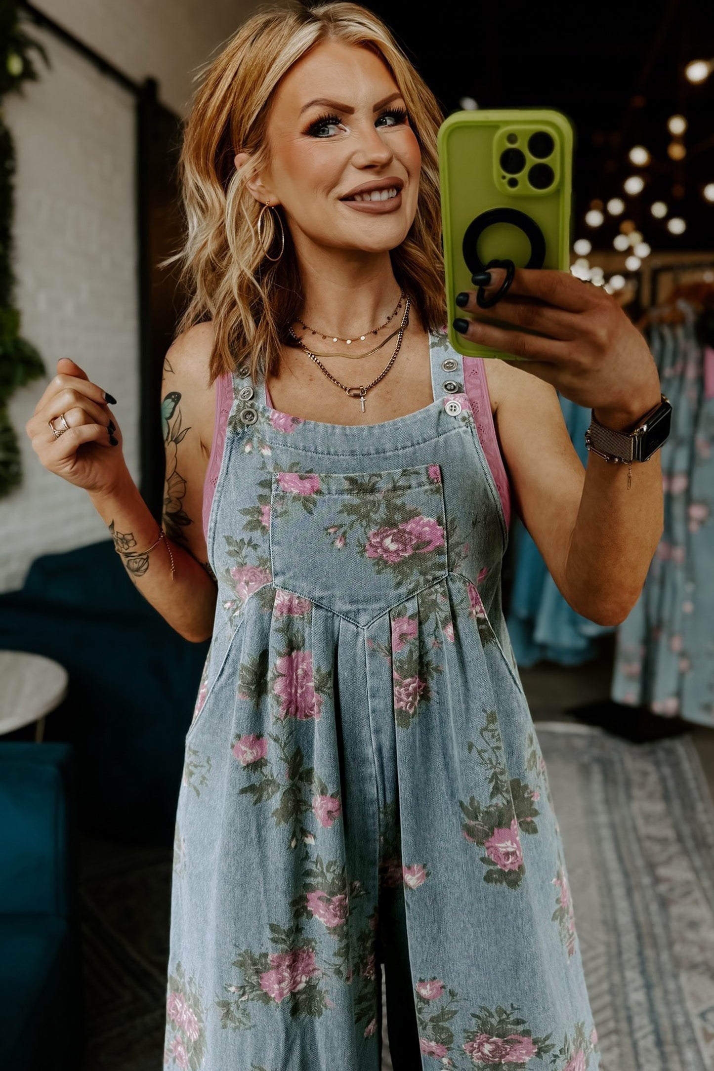 Floral Print Pleated High Waist Wide Leg Denim Jumpsuit (ships March 5)