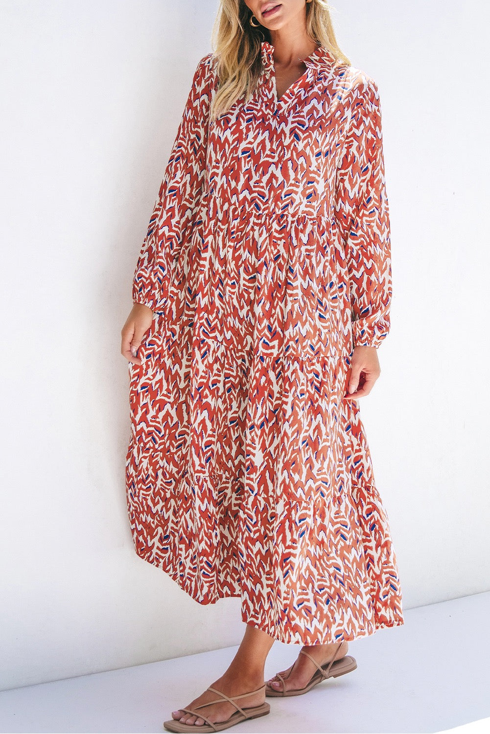 Abstract Print V Neck Maxi Dress