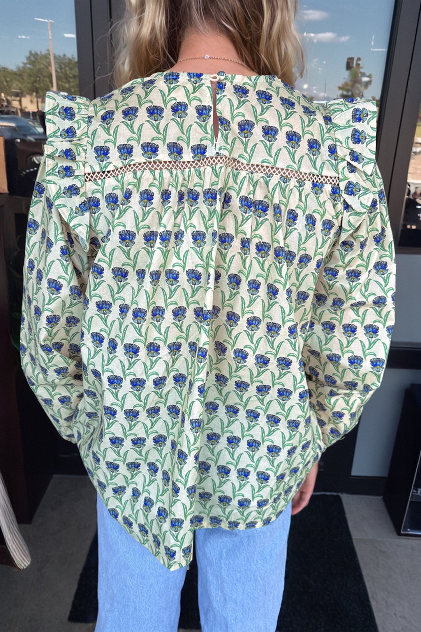 Block Print, Green Floral Print, Lace Detail, Ruffle Trim, Long Sleeve Blouse