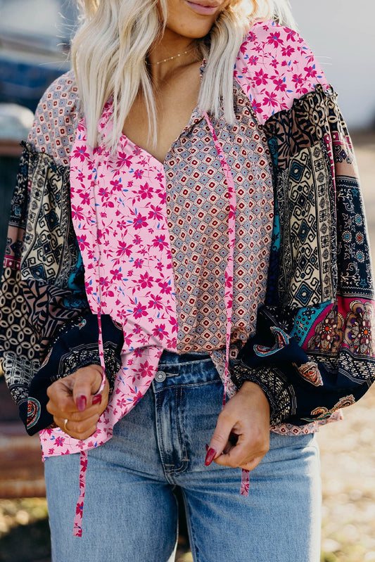 Pink Boho Mixed Floral Bubble Sleeve Blouse