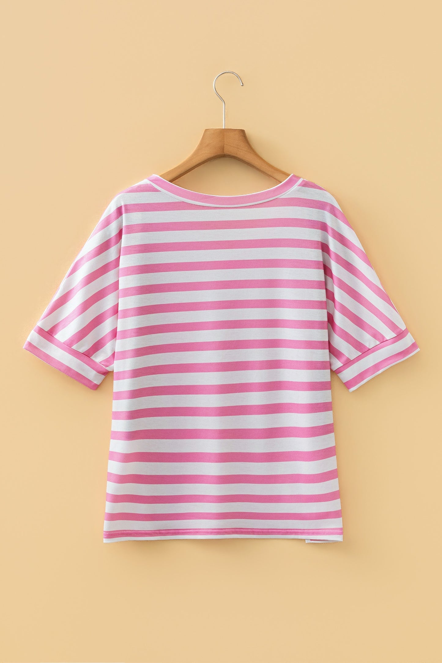 Pink Stripe V Neck Patched Pocket Tee