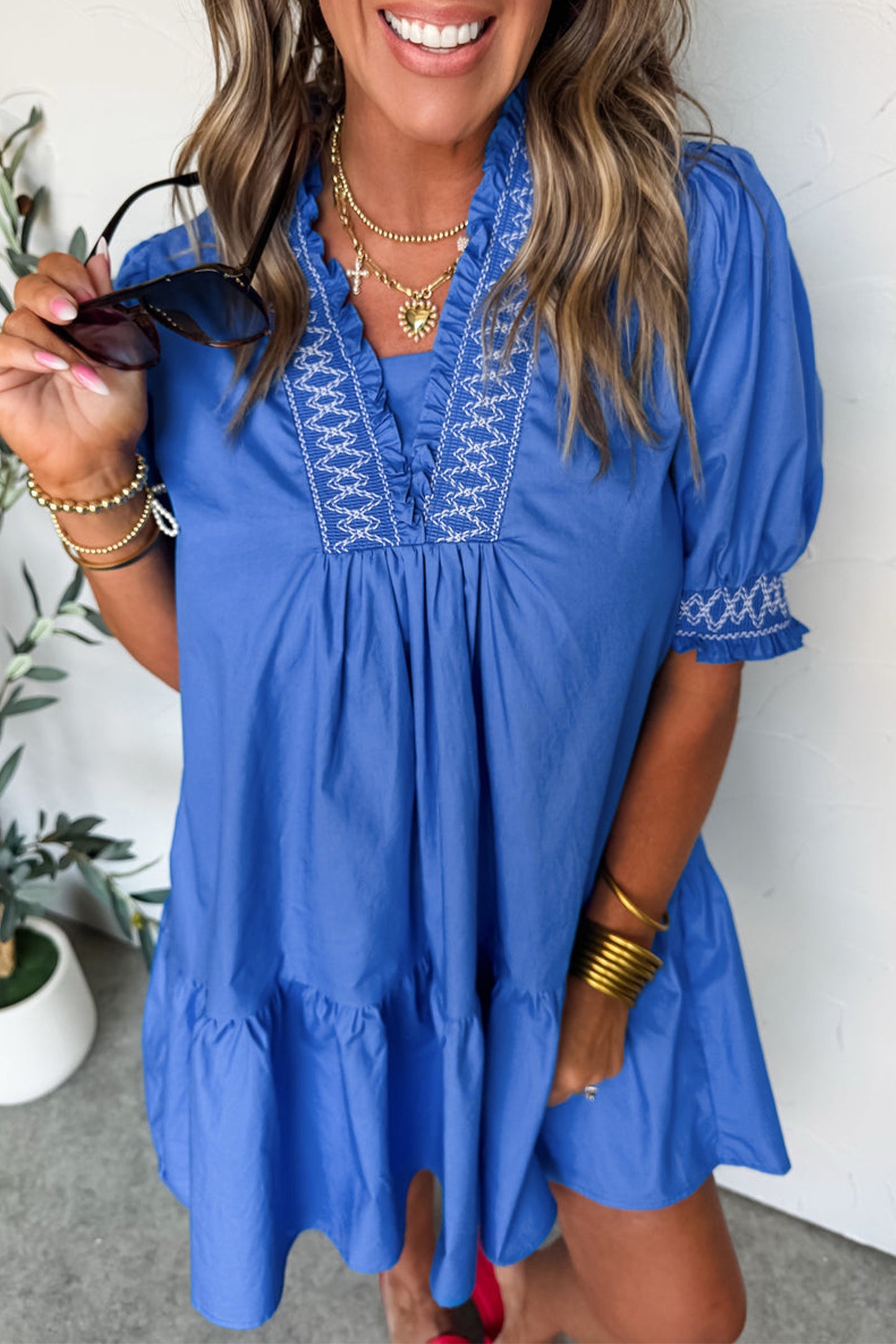 Blue Embroidered Smocked Detail V Neck Short Puff Sleeve Dress